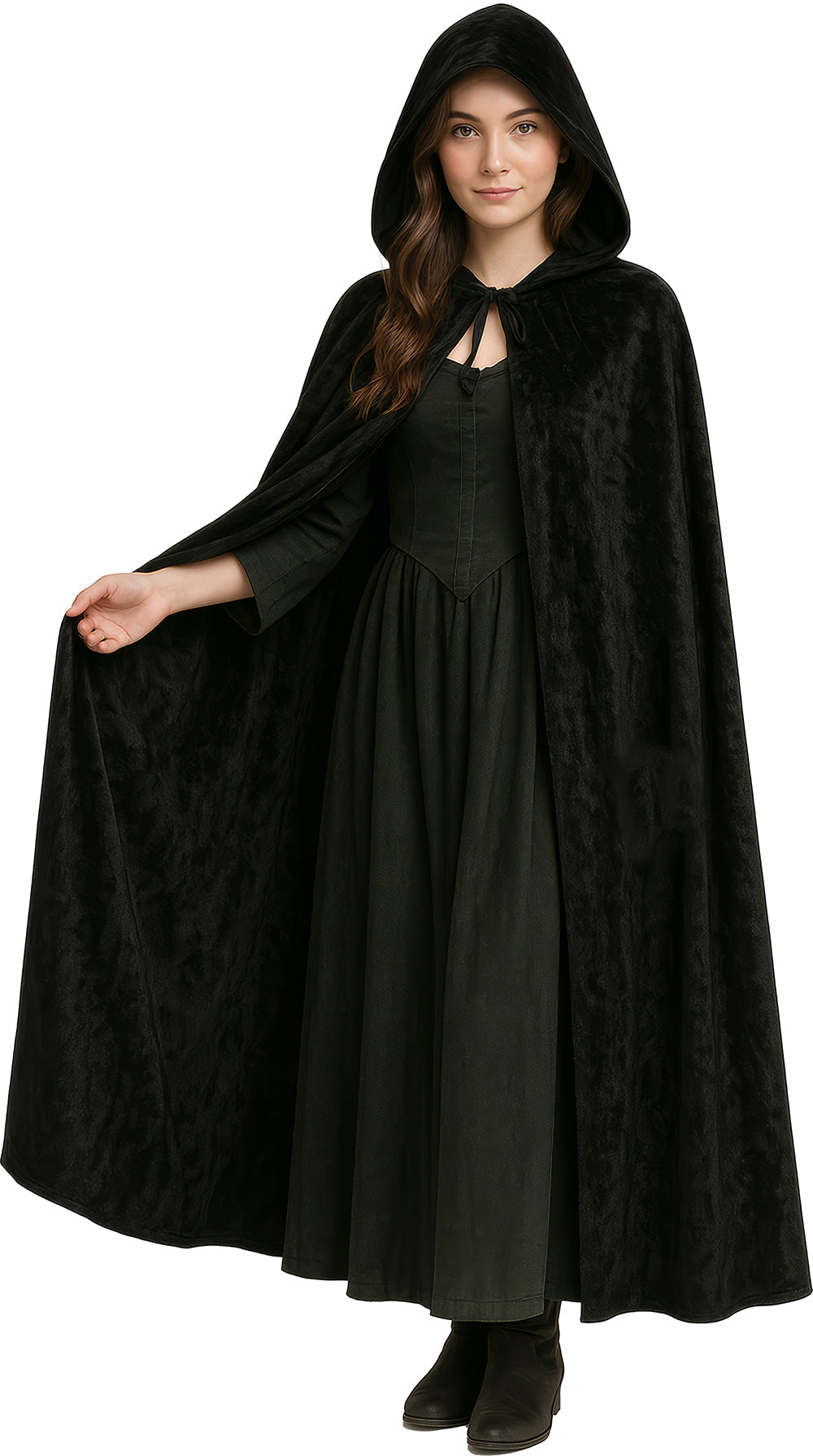 BLACK VELVET CAPE WITH HOOD 130 CM