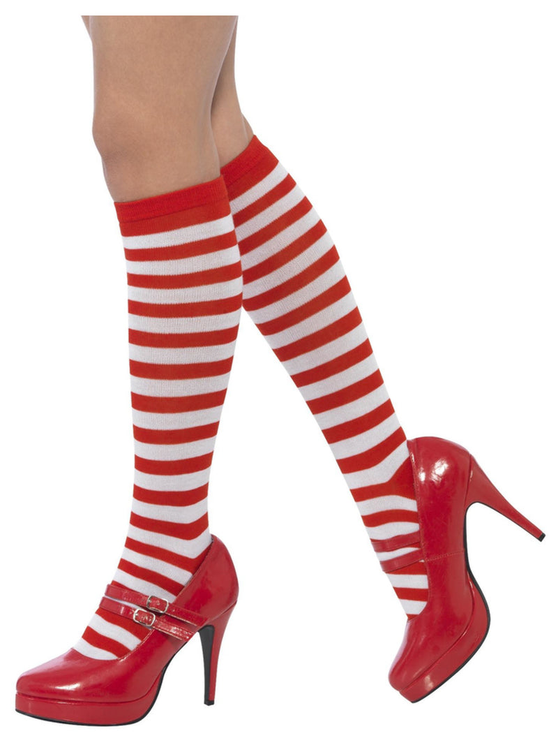 Striped Socks, Long, Red & White - 3
