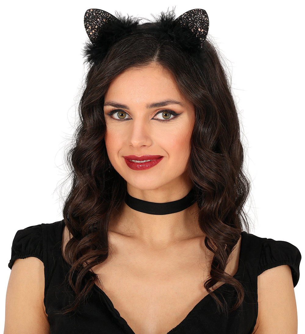 GLITTER CAT EARS MARABOU HEADBAND, ADULTS