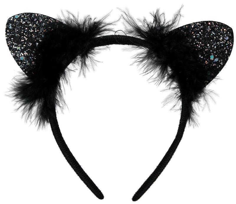 GLITTER CAT EARS MARABOU HEADBAND, ADULTS