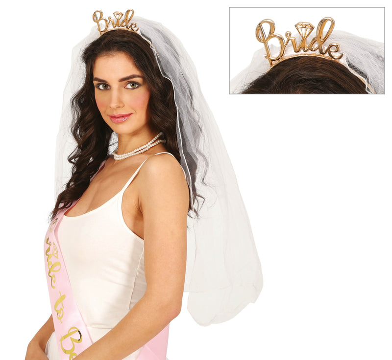 BRIDAL VEIL WITH BRIDE TIARA PLASTIC, ADULT