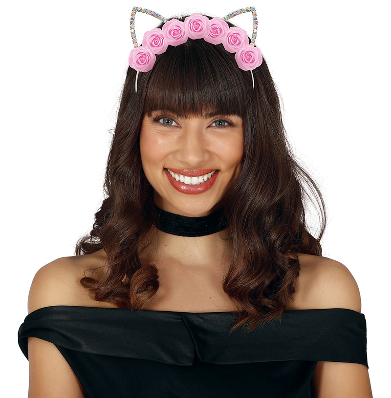 CAT EARS METAL HEADBAND WITH FLOWERS, ADULTS