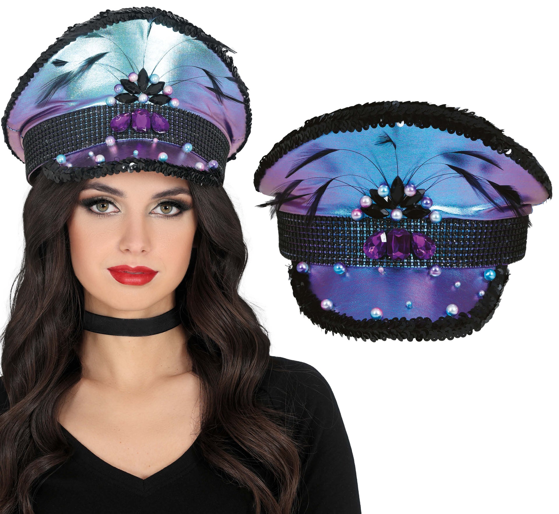 POLICE PURPLE HAT WITH FEATHERS, ADULT