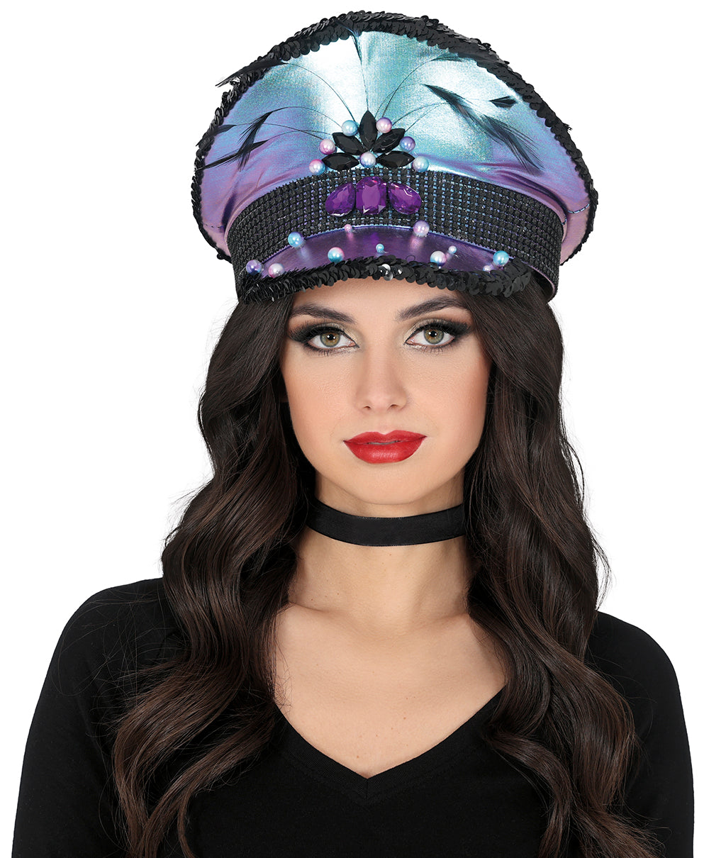 POLICE PURPLE HAT WITH FEATHERS, ADULT