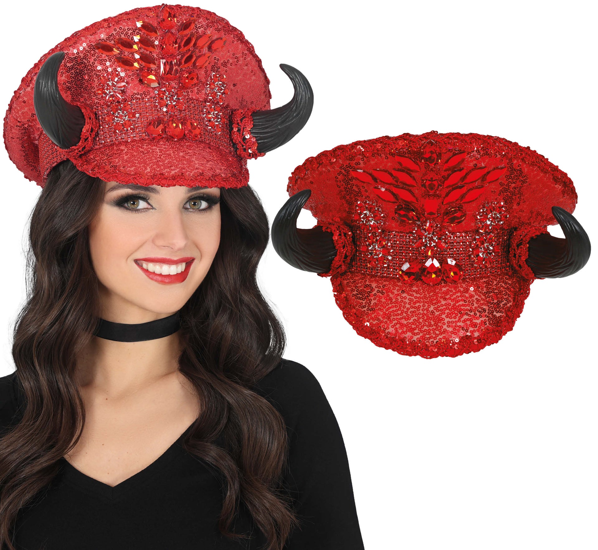 POLICE RED HAT WITH HORNS, ADULT