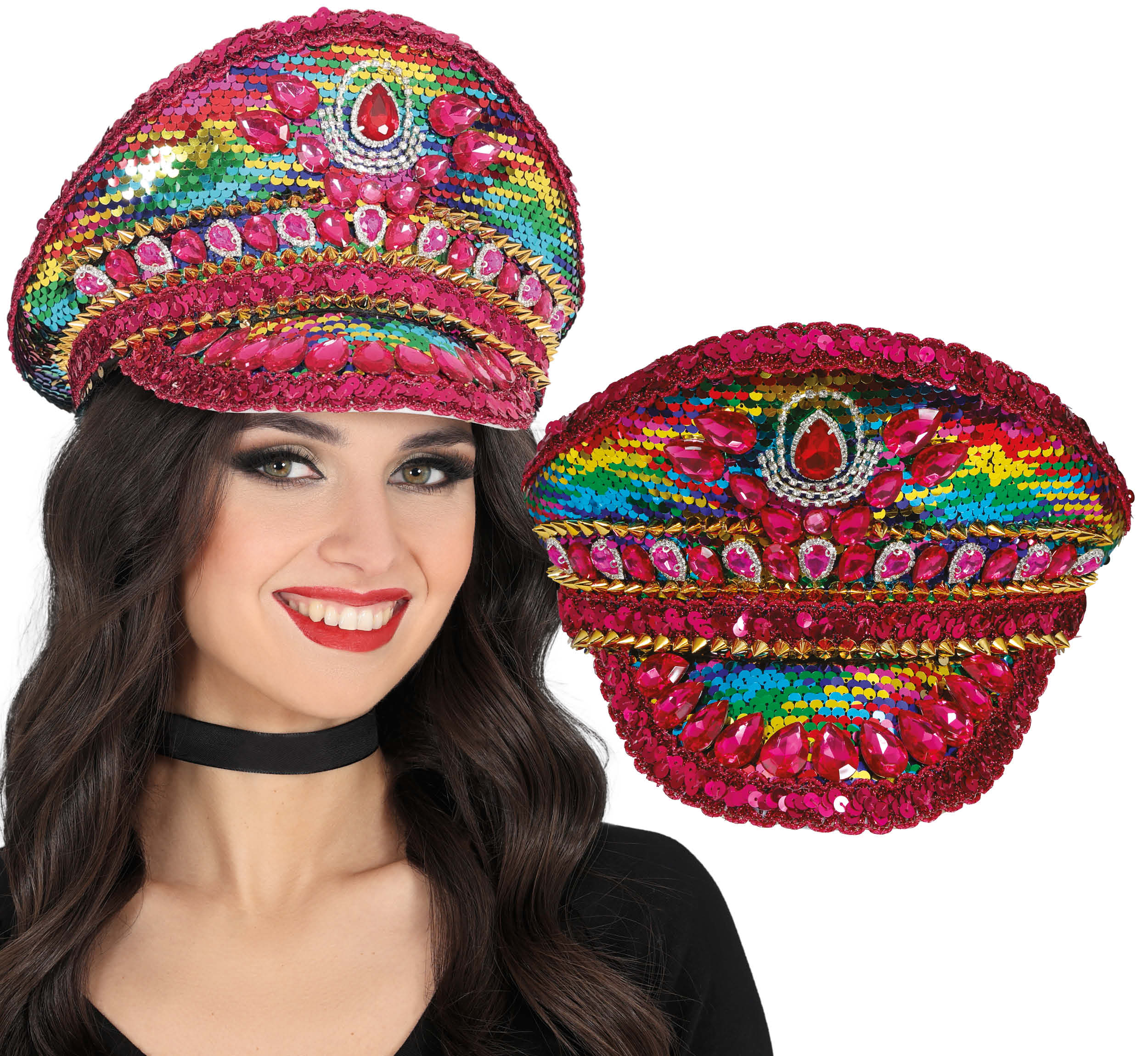 POLICE PINK HAT WITH MULTICOLOR STONES, ADULT