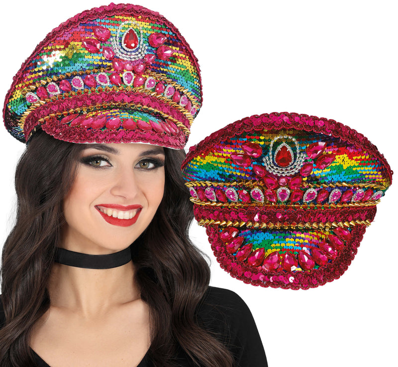 POLICE PINK HAT WITH MULTICOLOR STONES, ADULT