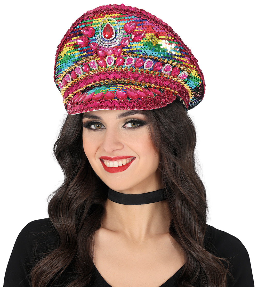 POLICE PINK HAT WITH MULTICOLOR STONES, ADULT