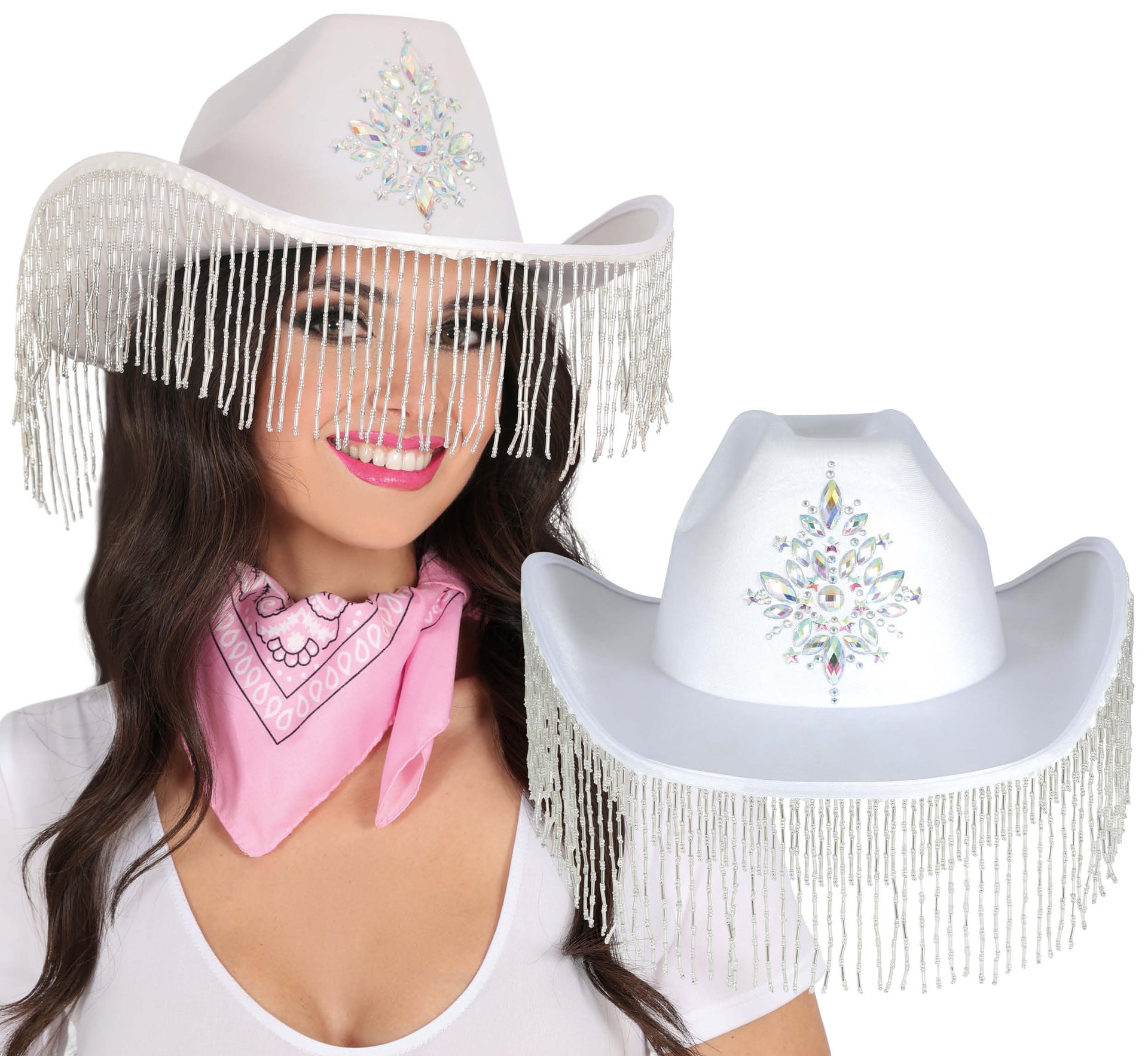 WHITE COWBOY HAT WITH HQ FRINGE, ADULT