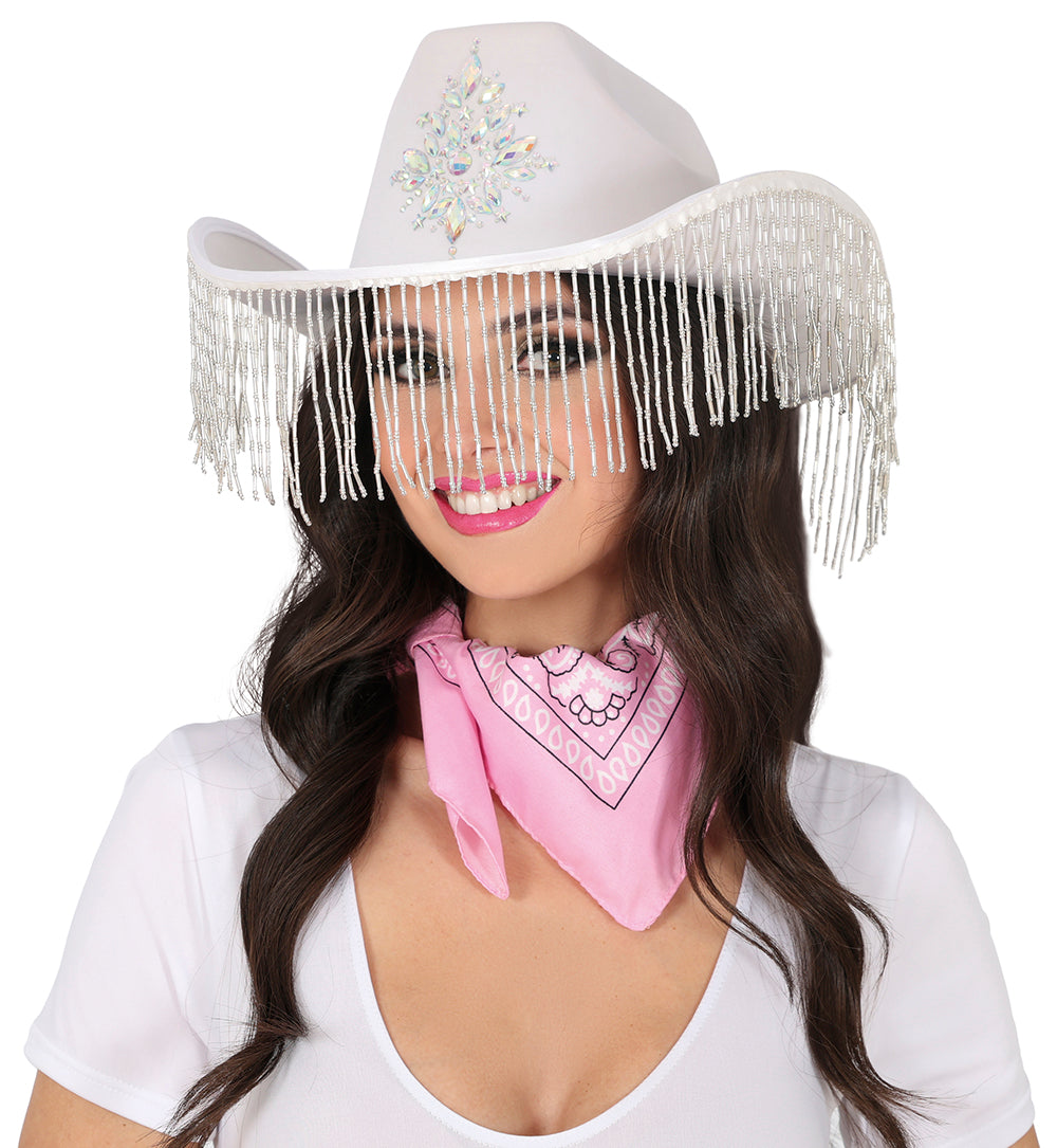 WHITE COWBOY HAT WITH HQ FRINGE, ADULT
