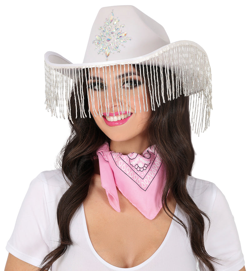 WHITE COWBOY HAT WITH HQ FRINGE, ADULT