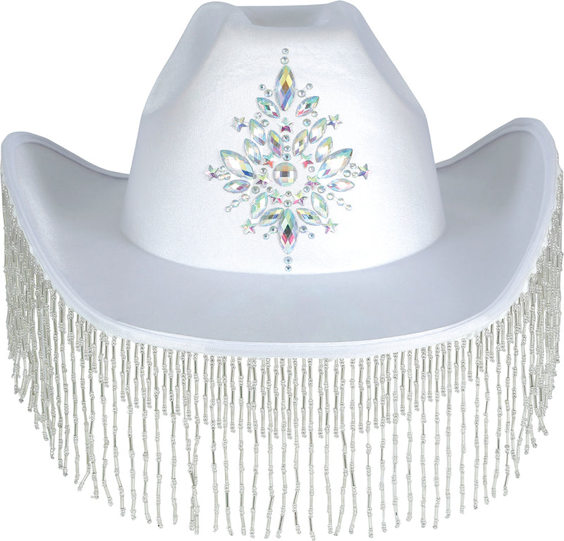 WHITE COWBOY HAT WITH HQ FRINGE, ADULT