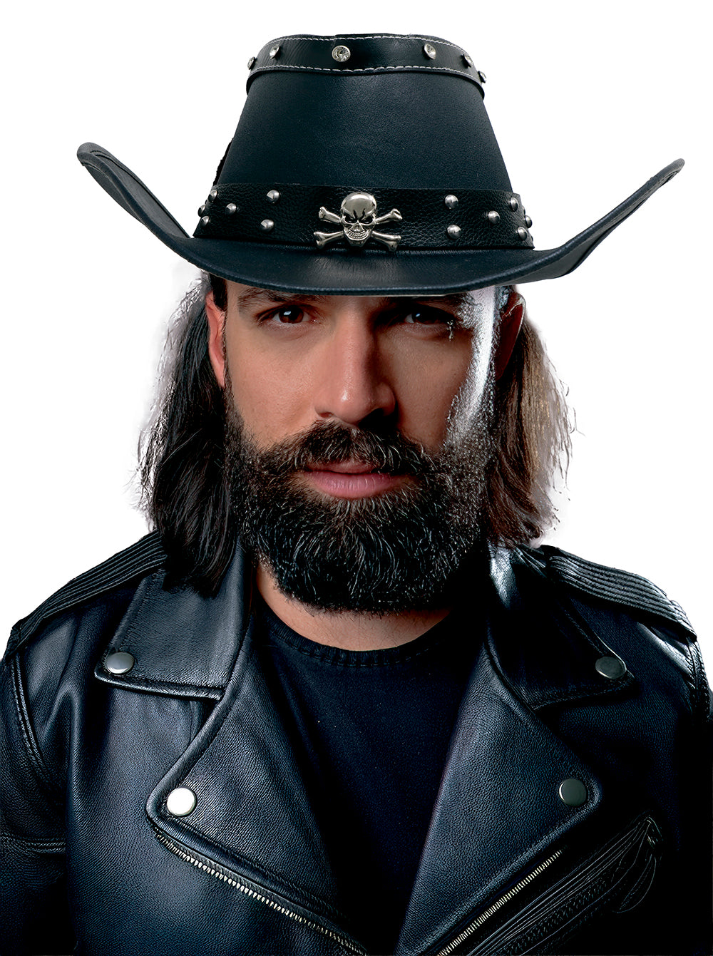 BLACK FAUX LEATHER SKULL HAT, ADULT