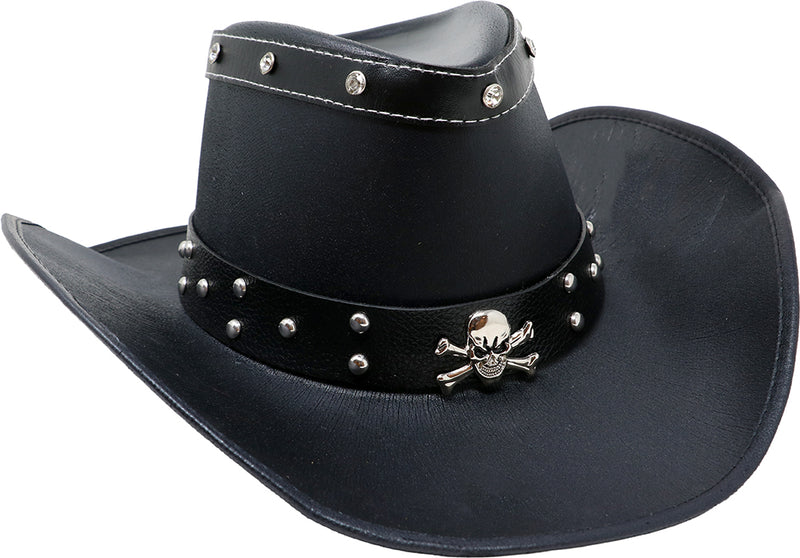 BLACK FAUX LEATHER SKULL HAT, ADULT
