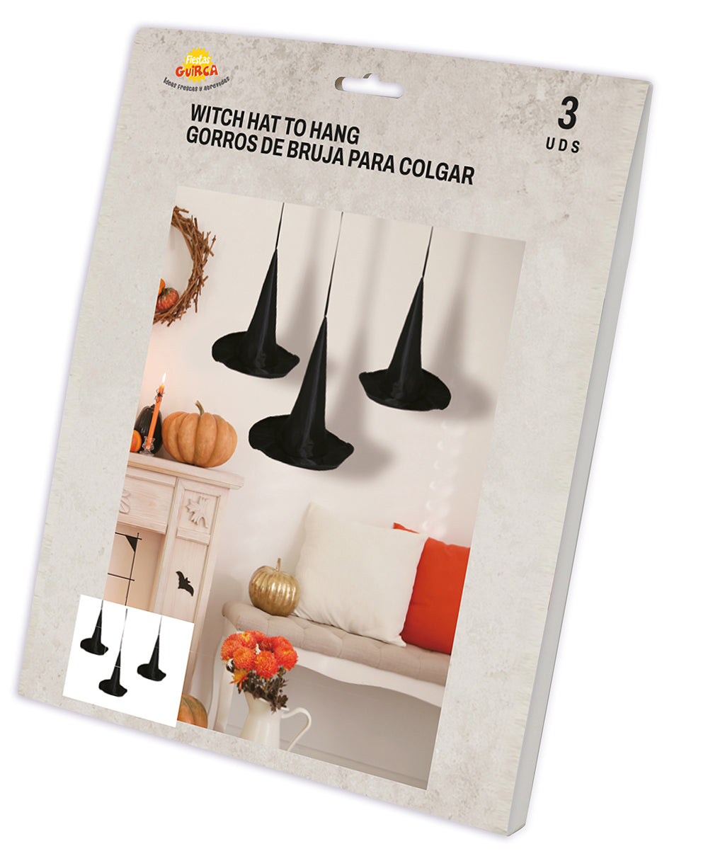 SET OF 3 WITCH HATS TO HANG 18 CM