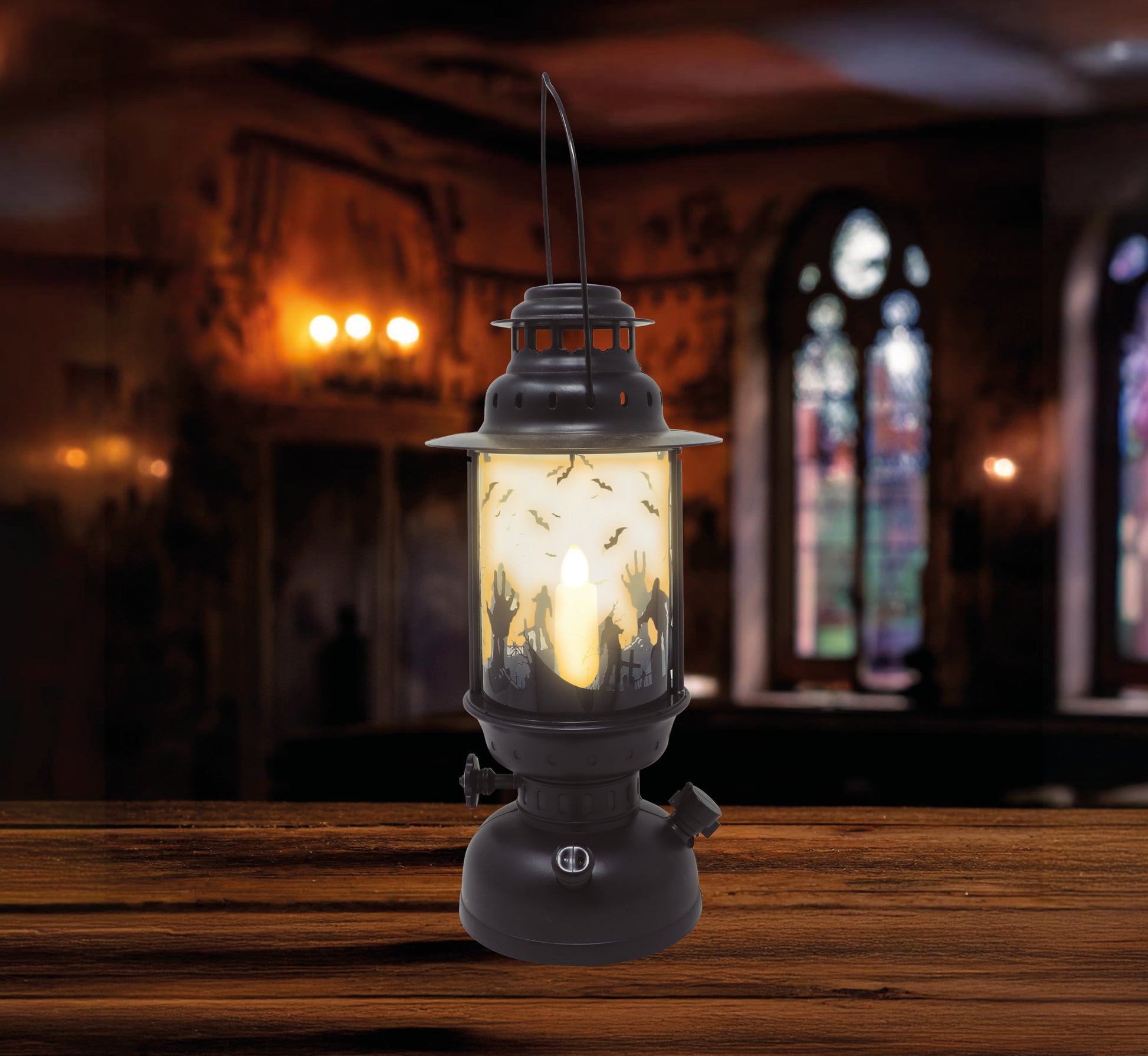 BLACK LANTERN WITH CANDLE WITH LIGHT 30 CM