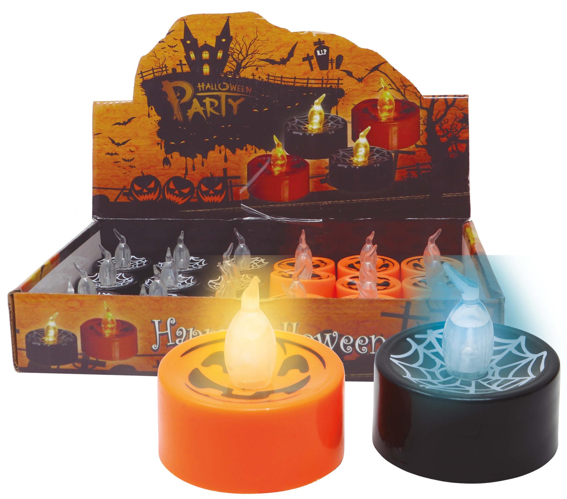 BOX 24 ORANGE AND BLACK CANDLE WITH LIGHT, 4X4 CMS
