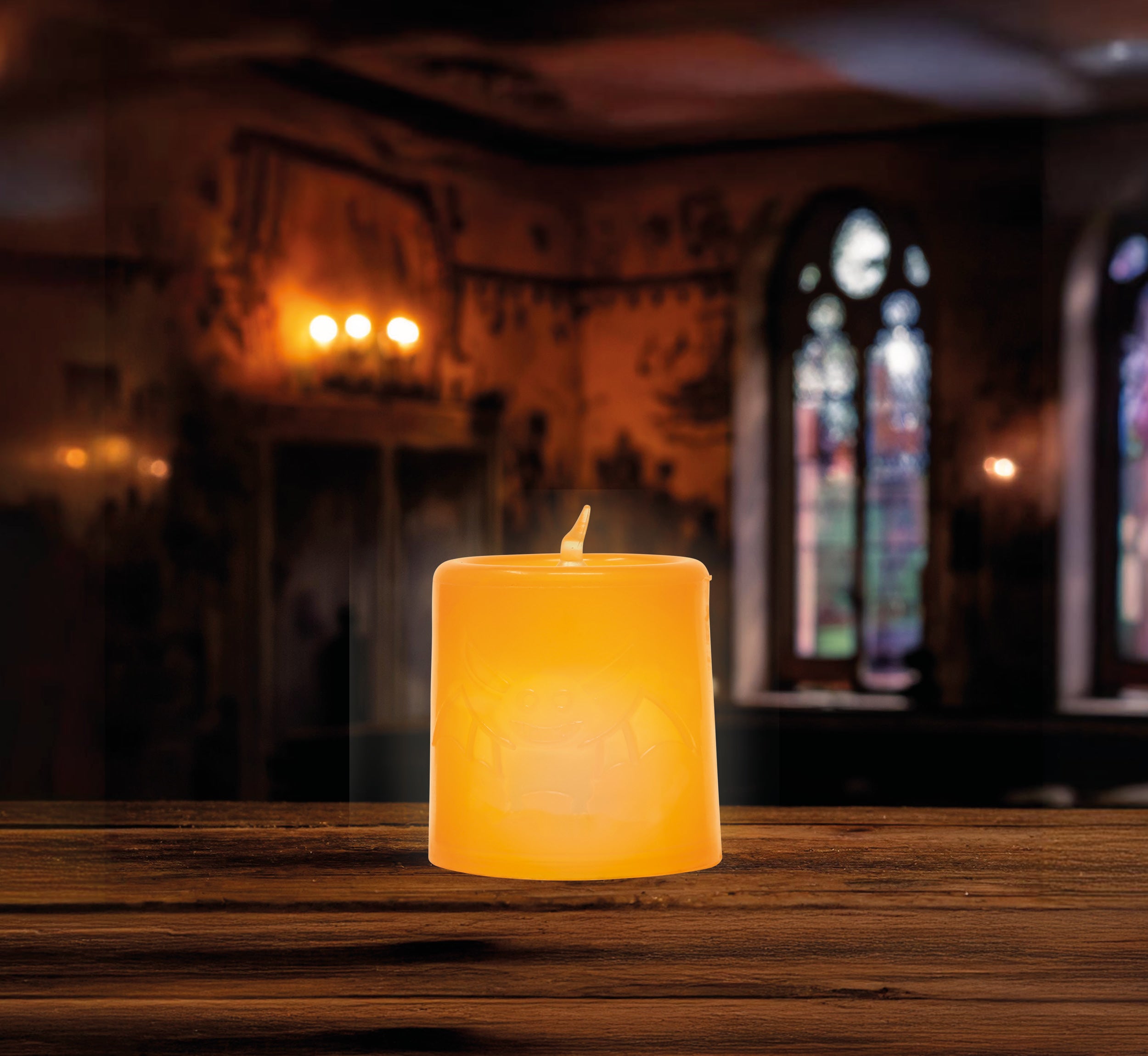 BOX 12 CANDLES ORANGE AND BLACK W/LIGHT,4.5X4.5CMS