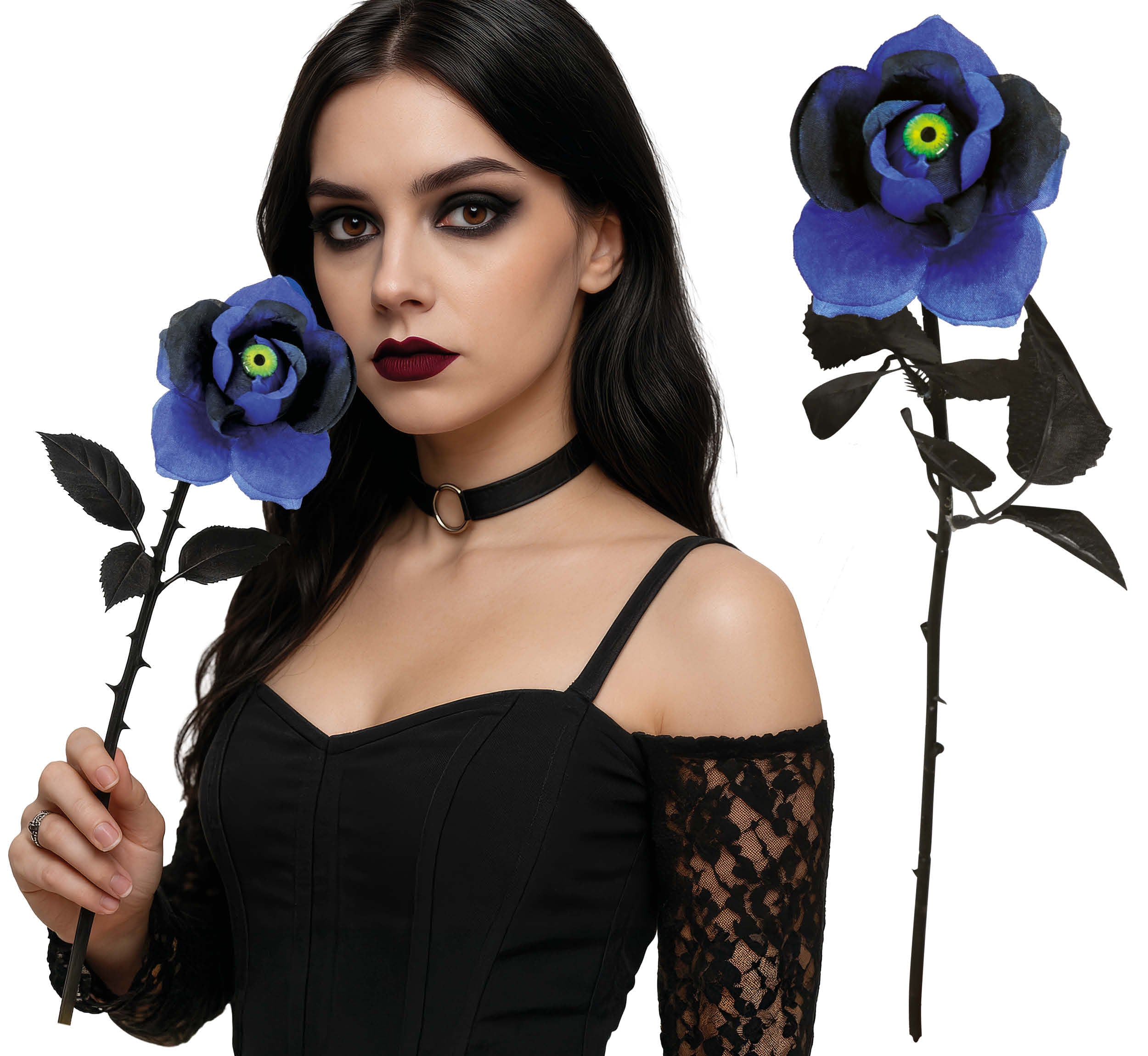 BLUE AND BLACK FLOWER WITH CAT'S EYE, 42 CMS.