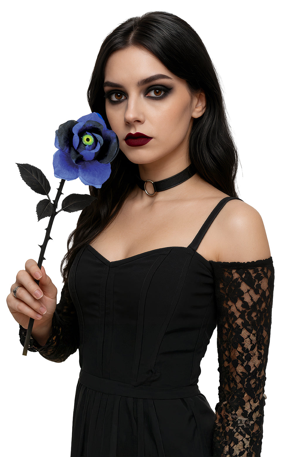 BLUE AND BLACK FLOWER WITH CAT'S EYE, 42 CMS.