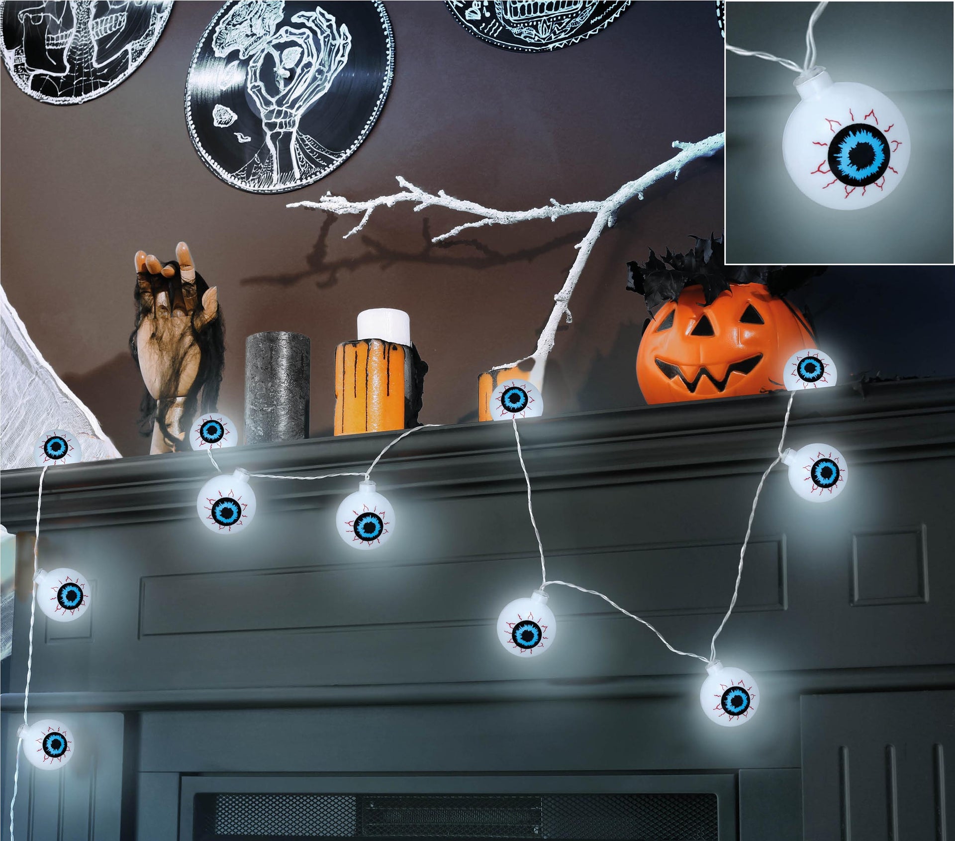 SKELETON EYES GARLAND 10 LEDS, 130 CMS.BATTERIES