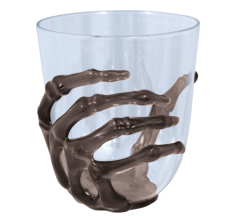 TRANSP. GLASS, BLACK SKELETON HAND, 9.5 CMS.
