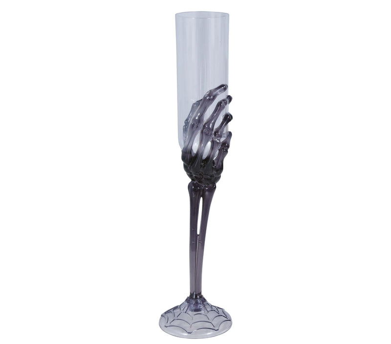 TRANSP. CHAMPAGNE GLASS, BLACK SKELETON HAND 25 CM