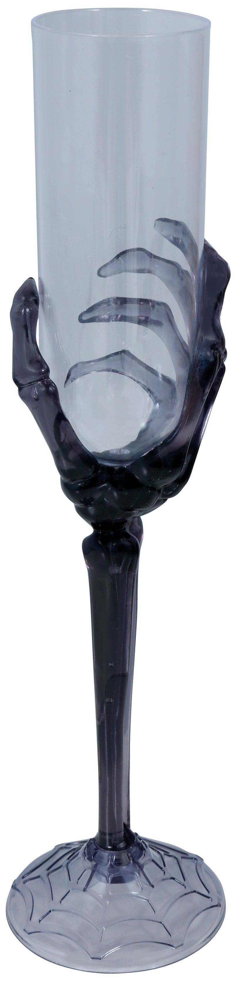 TRANSP. CHAMPAGNE GLASS, BLACK SKELETON HAND 25 CM