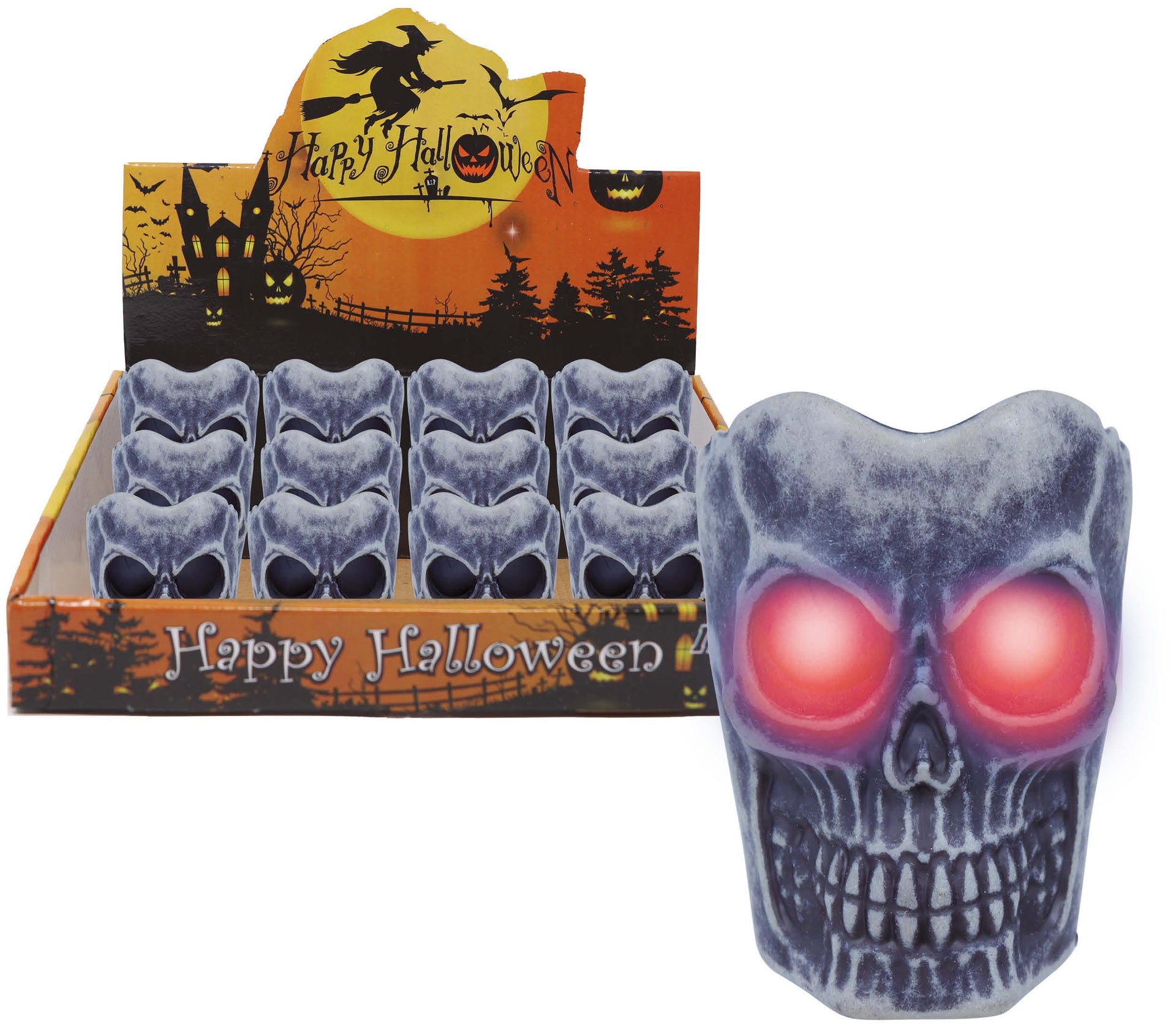BOX OF 12 SKULL WITH LED CANDLE, 6 CMS.