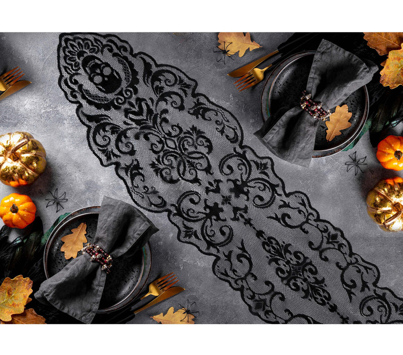 DECOR.BLACK LACE TABLE, SKULLS 180X35 CM