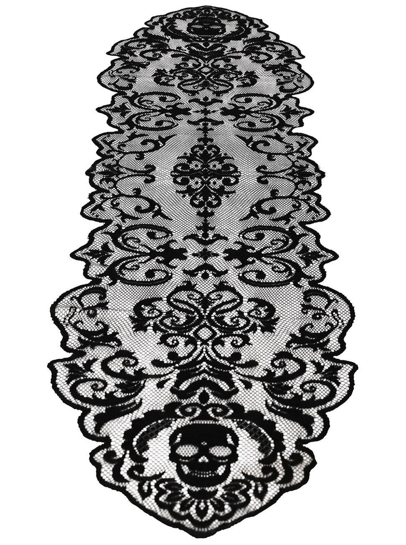 DECOR.BLACK LACE TABLE, SKULLS 180X35 CM