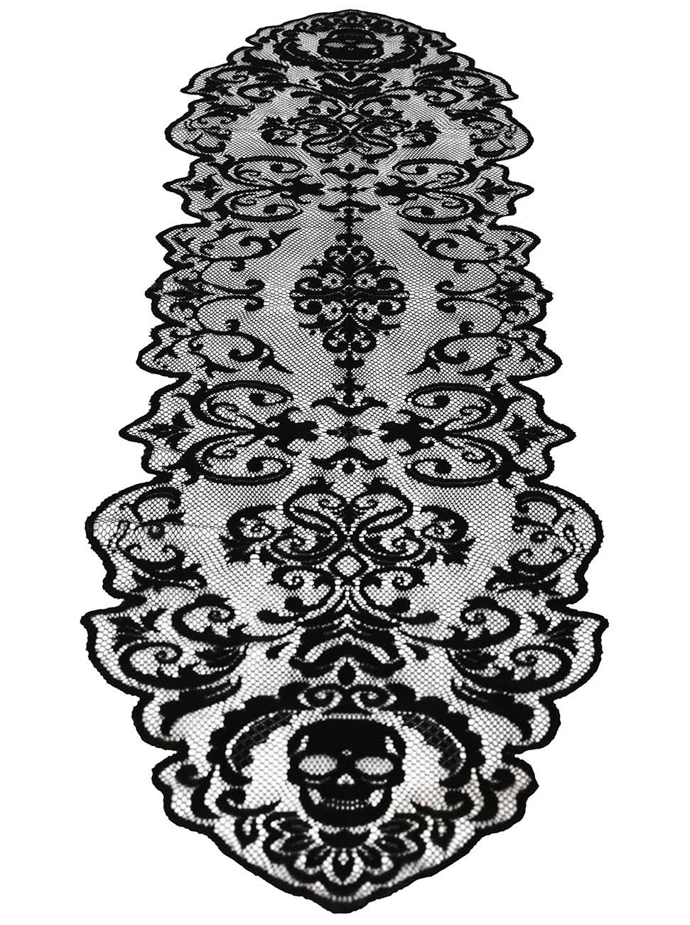 DECOR.BLACK LACE TABLE, SKULLS 180X35 CM