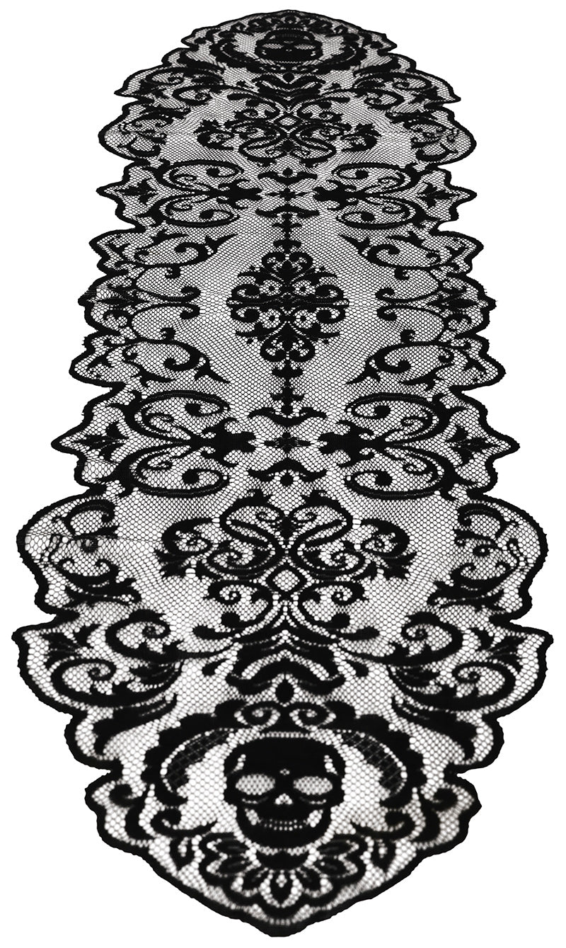 DECOR.BLACK LACE TABLE, SKULLS 180X35 CM