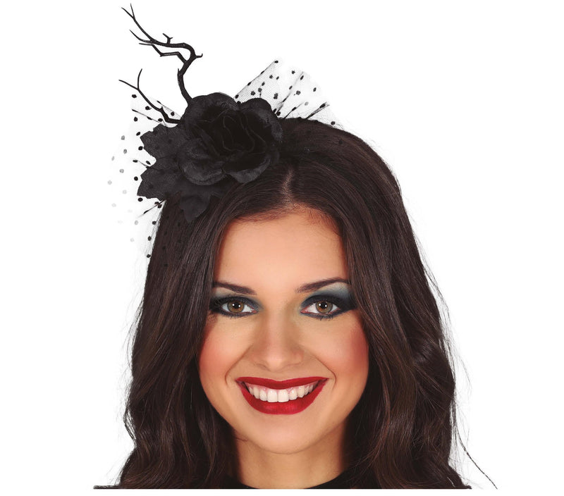 DIADEM WITH BLACK FLOWER AND VEIL