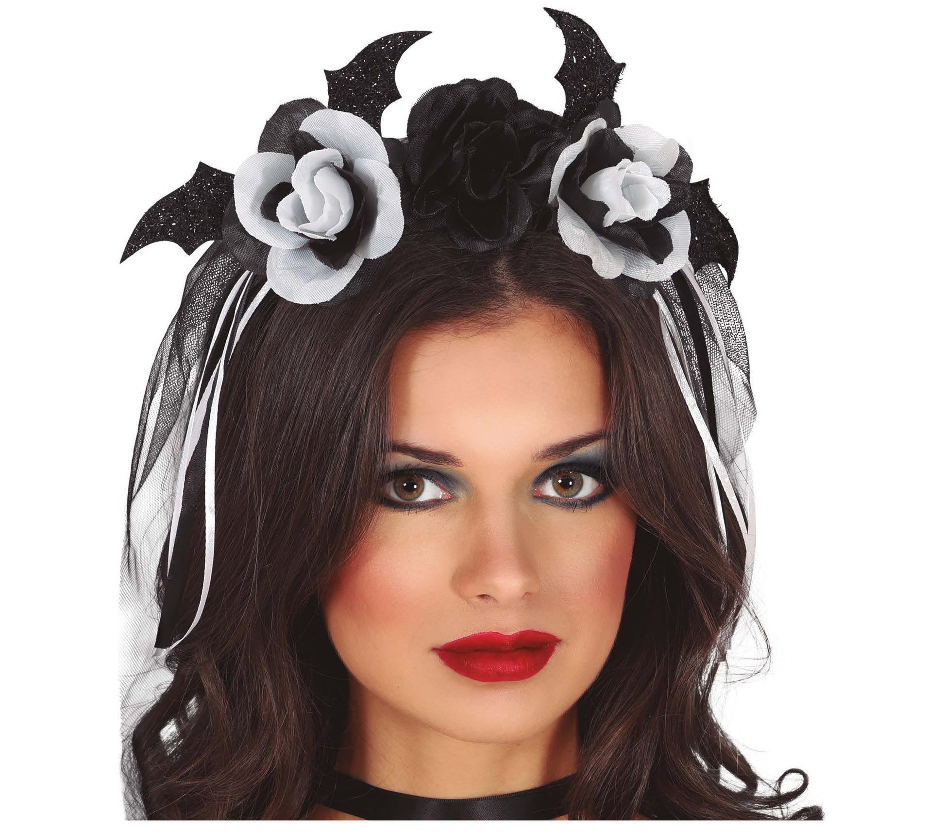 DIADEM WITH BLACK AND WHITE FLOWERS WITH VEIL