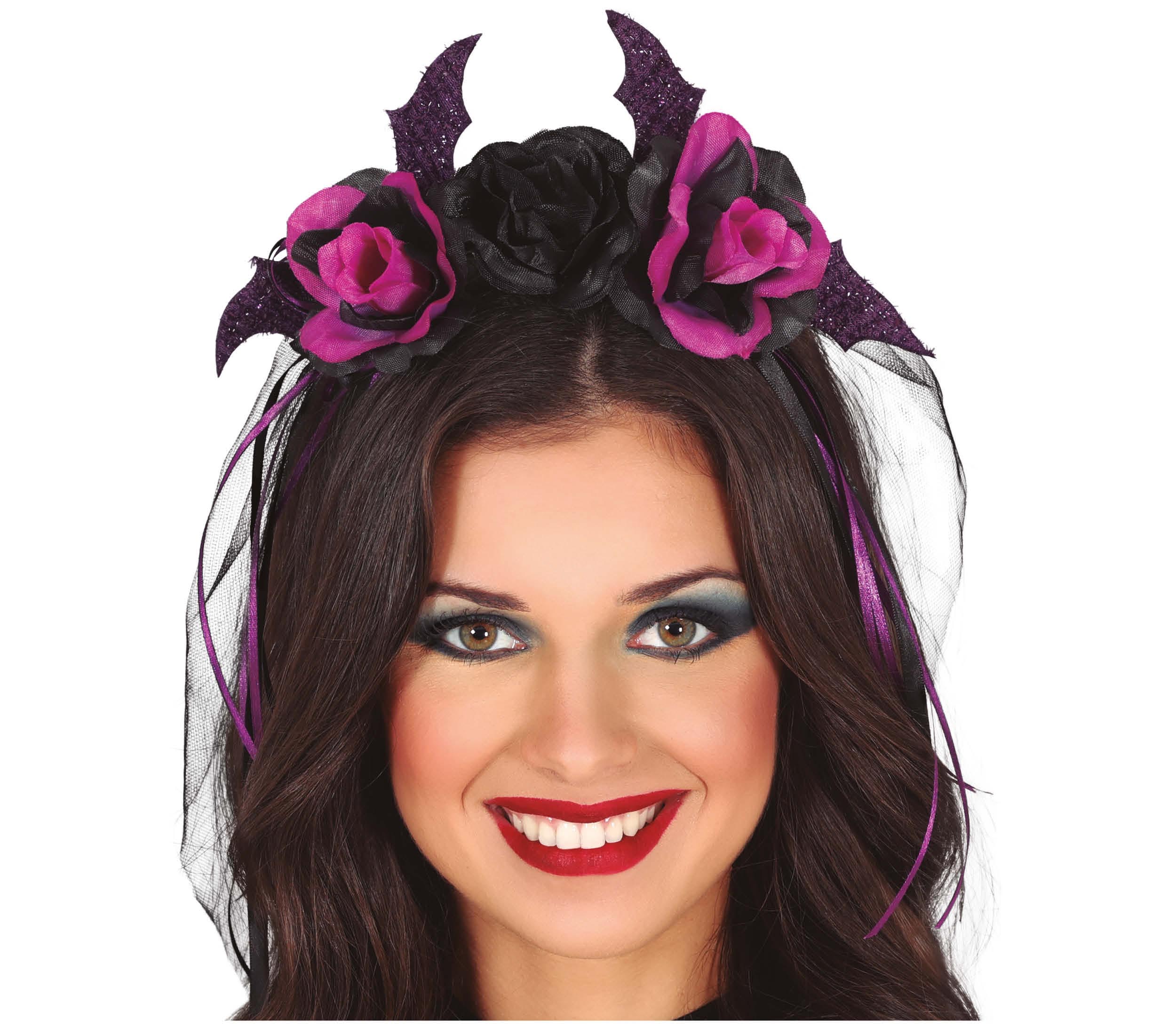DIADEM WITH BLACK AND PURPLE FLOWERS WITH VEIL