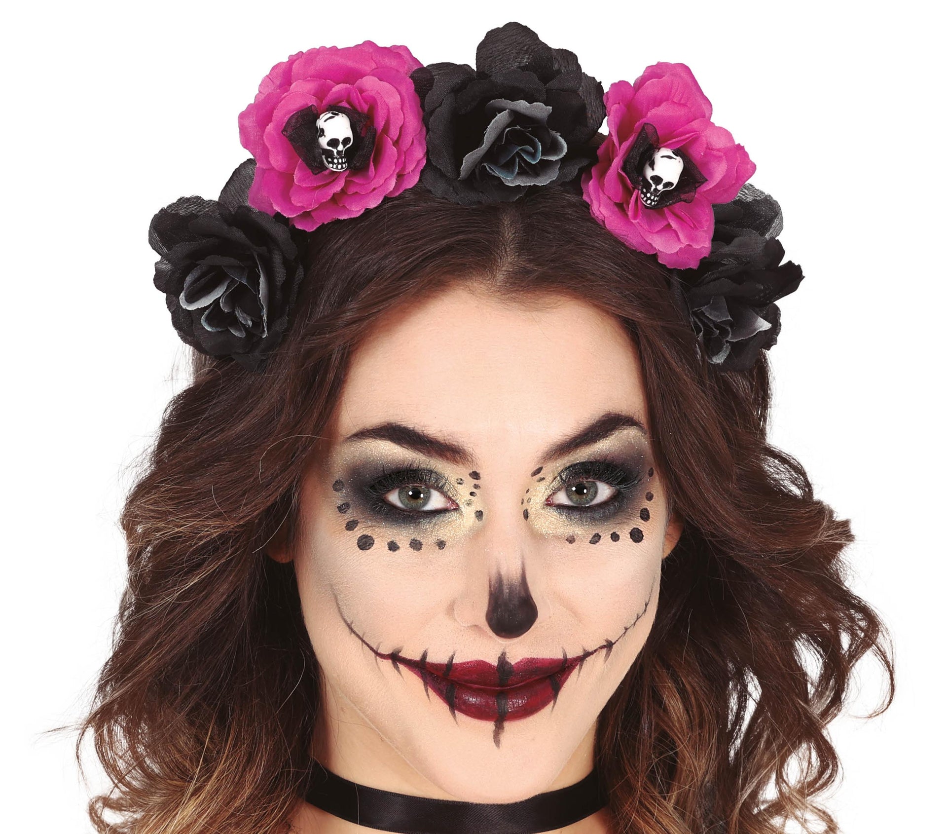 DAY OF THE DEAD HEADBAND WITH BLACK AND PINK FLOWE