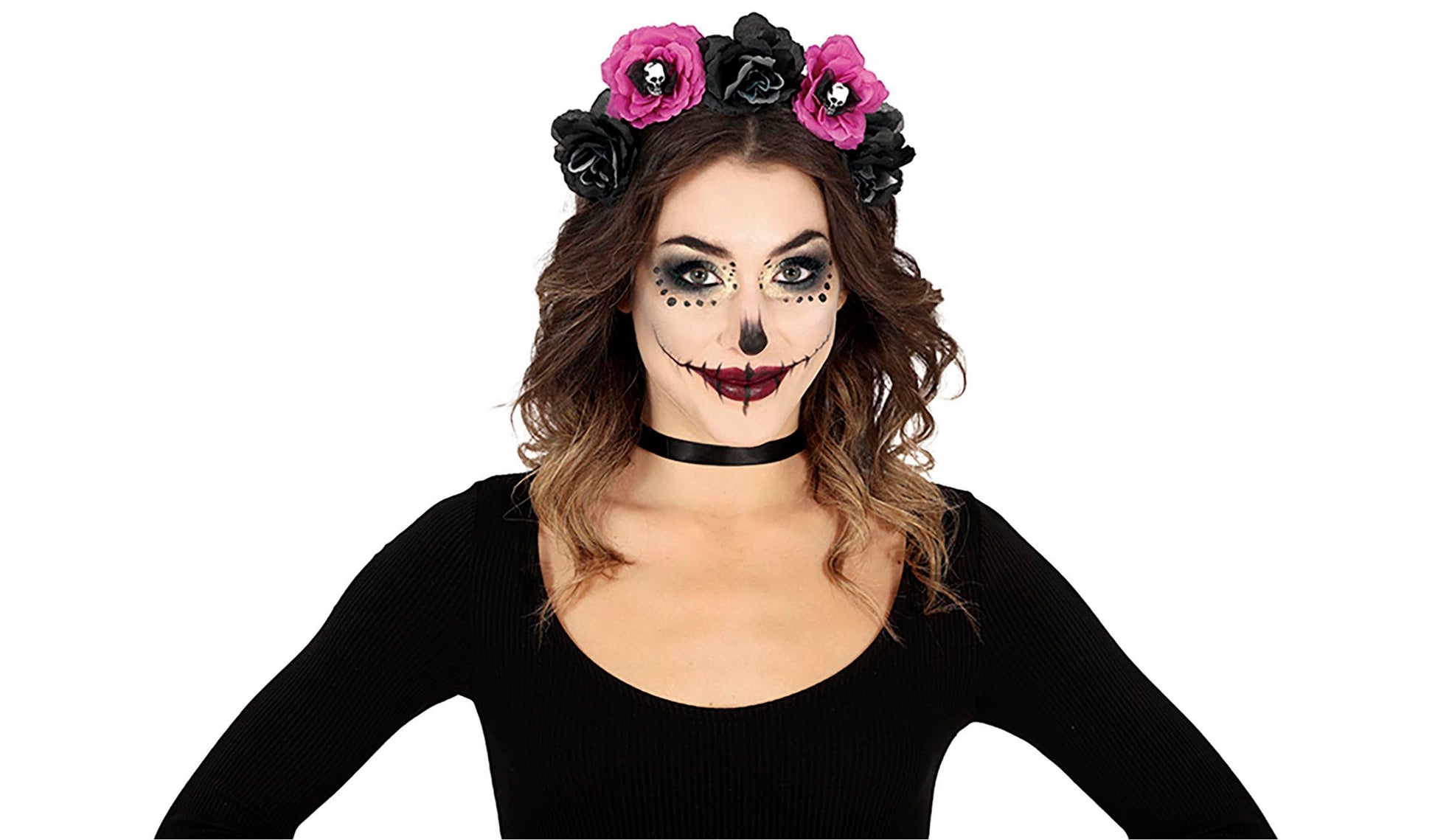 DAY OF THE DEAD HEADBAND WITH BLACK AND PINK FLOWE