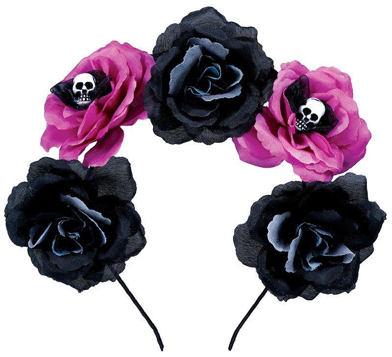 DAY OF THE DEAD HEADBAND WITH BLACK AND PINK FLOWE