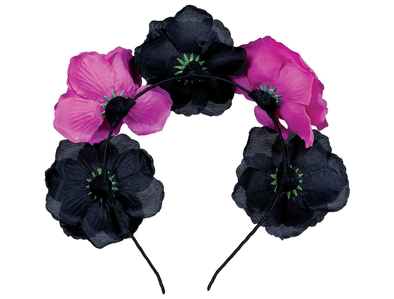 DAY OF THE DEAD HEADBAND WITH BLACK AND PINK FLOWE