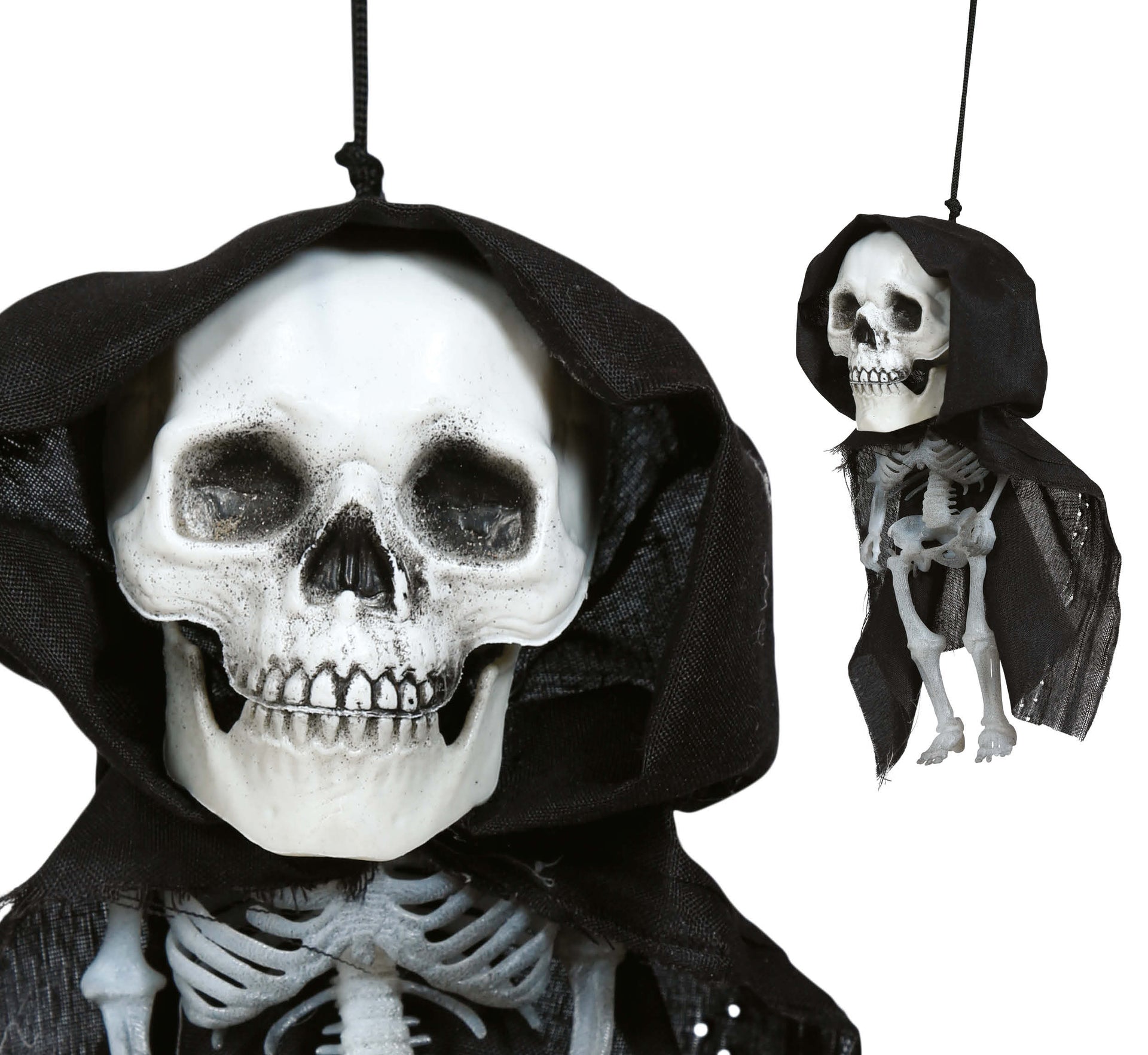 HANGING BIG HEAD SKELETON WITH HOOD 15 CM