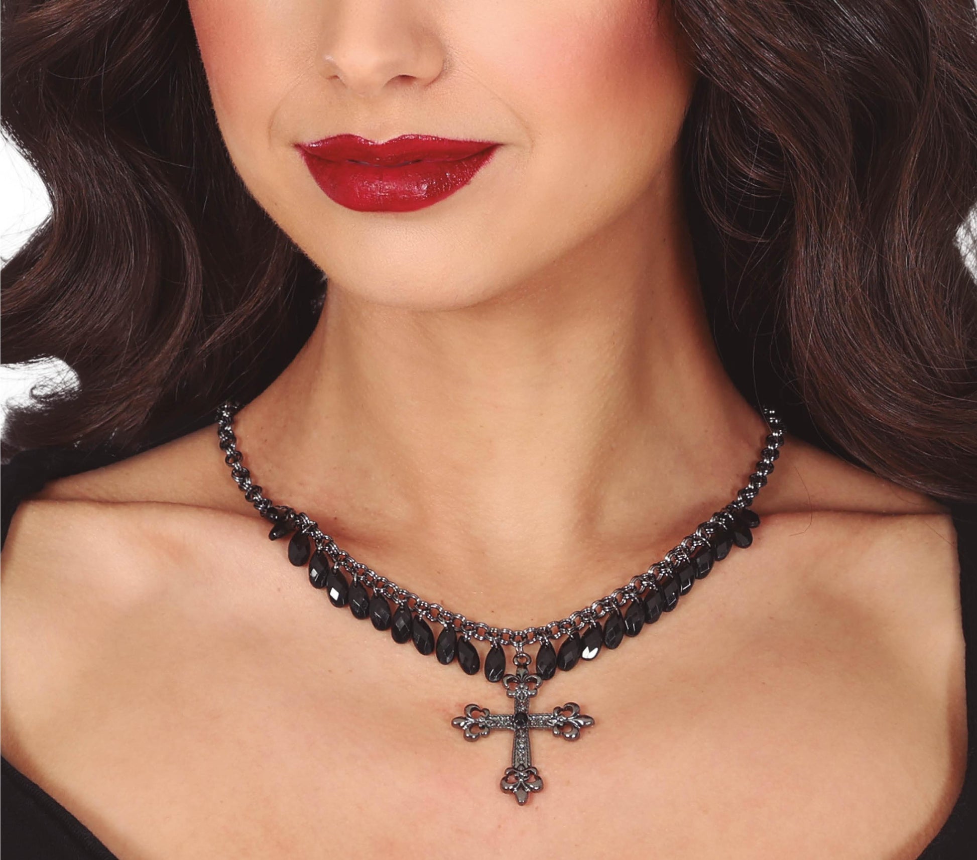 CROSS NECKLACE WITH BLACK STONES