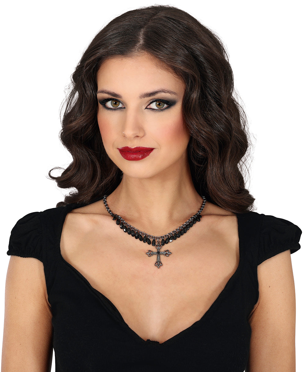 CROSS NECKLACE WITH BLACK STONES