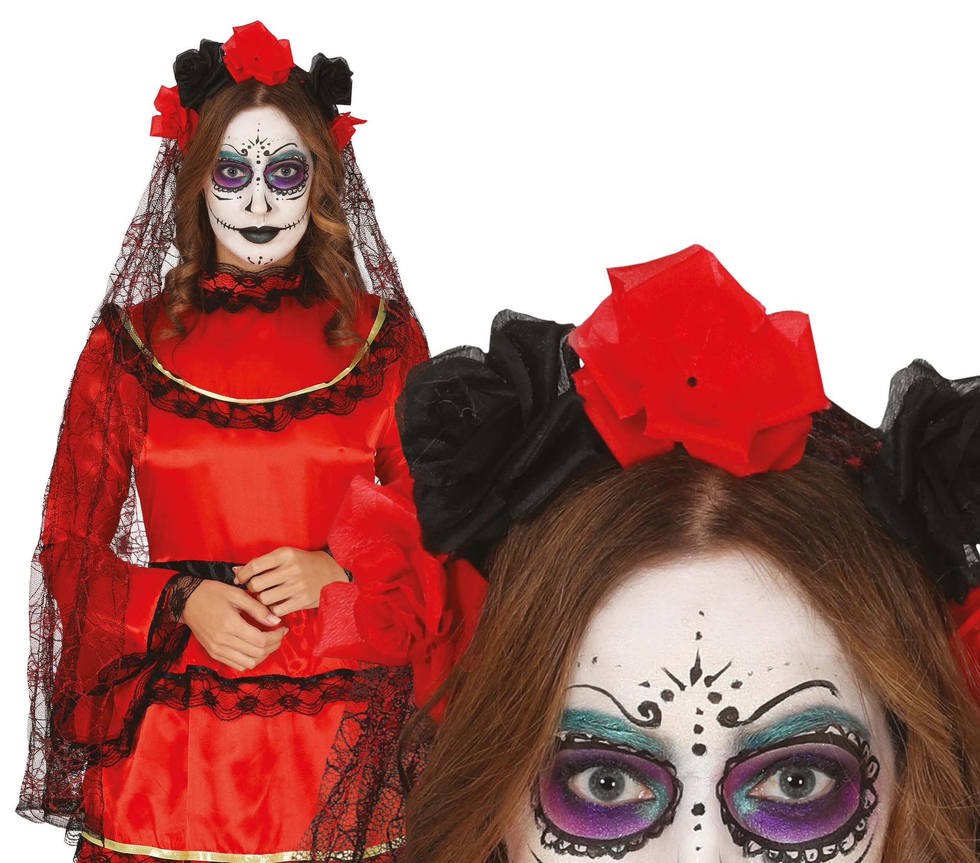 BLACK AND RED FLOWERS WITH VEIL TIARA, 95 CM