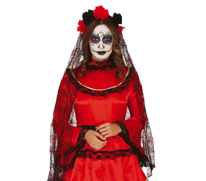 BLACK AND RED FLOWERS WITH VEIL TIARA, 95 CM