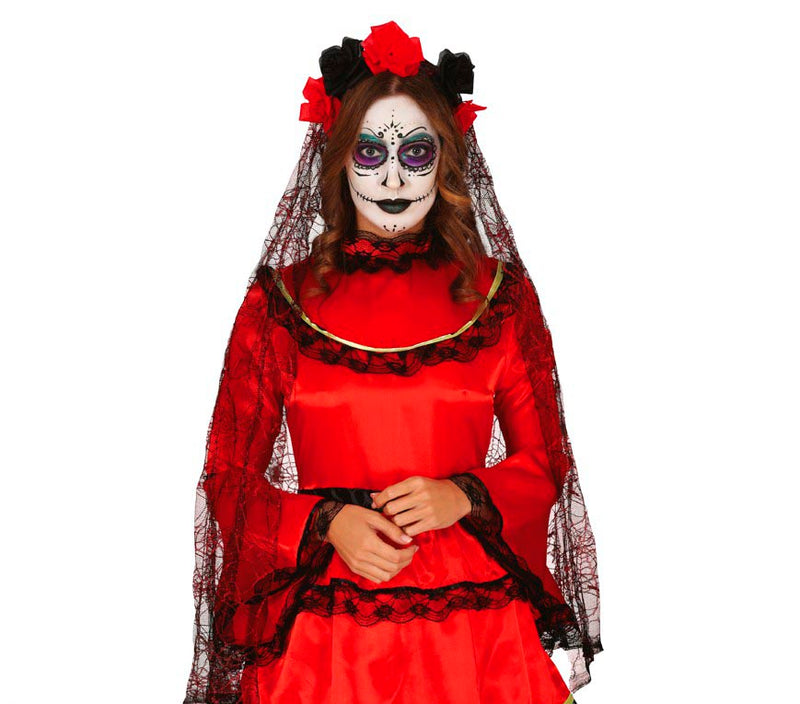 BLACK AND RED FLOWERS WITH VEIL TIARA, 95 CM