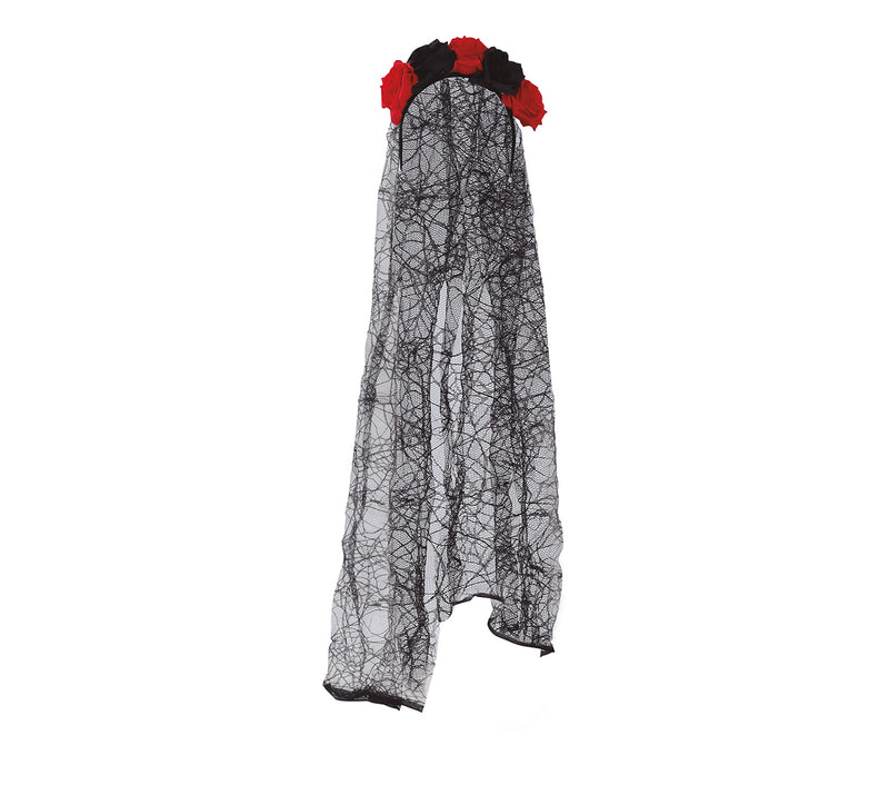 BLACK AND RED FLOWERS WITH VEIL TIARA, 95 CM