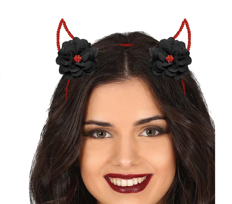METALLIC DEVIL HORNS HEADBAND WITH FLOWERS