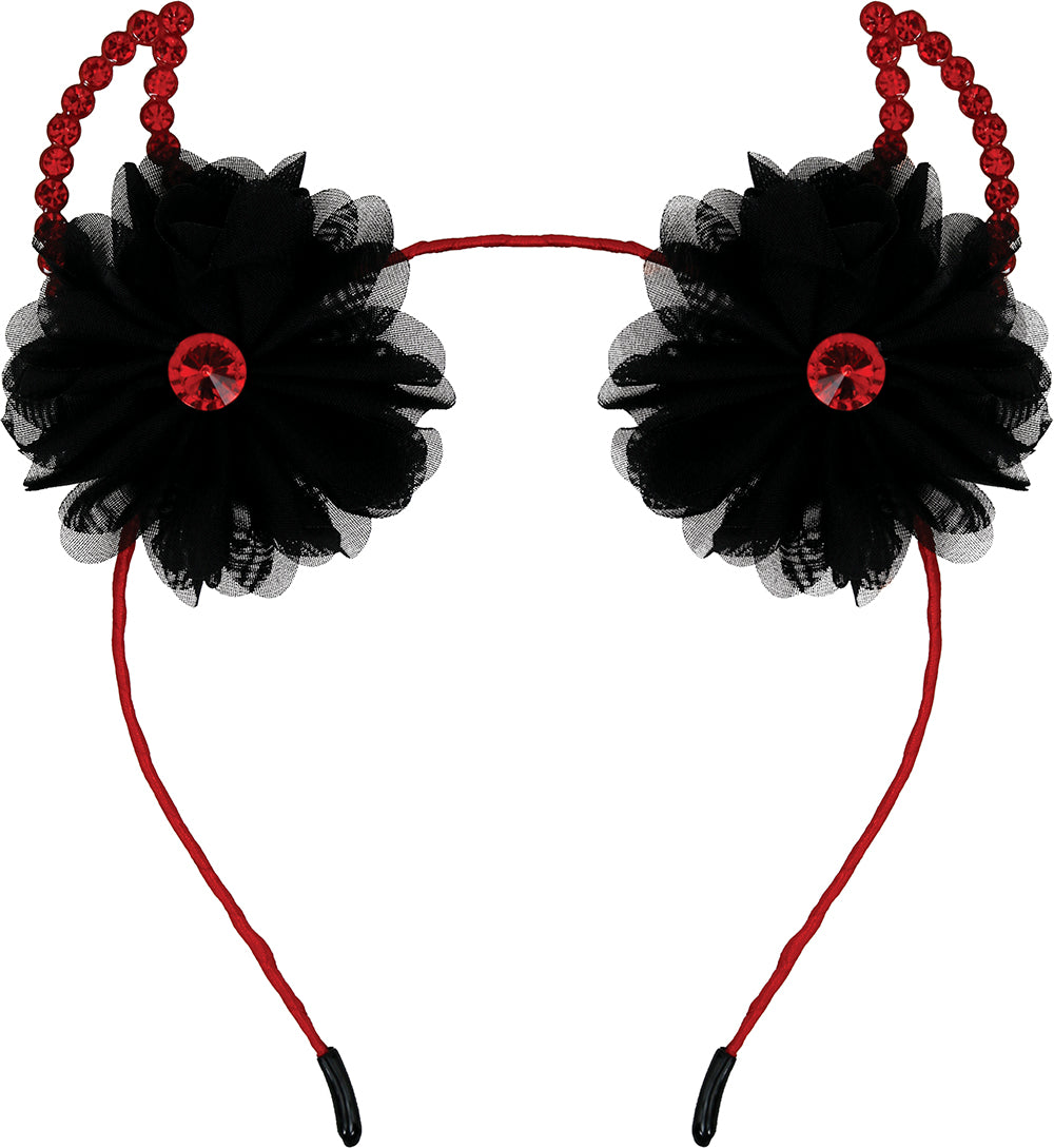 METALLIC DEVIL HORNS HEADBAND WITH FLOWERS