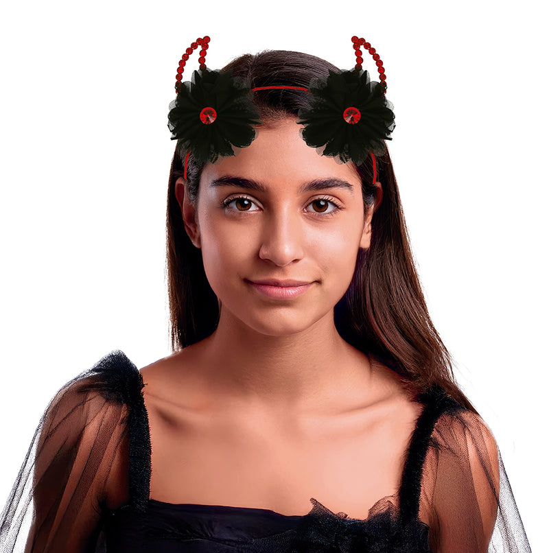 METALLIC DEVIL HORNS HEADBAND WITH FLOWERS
